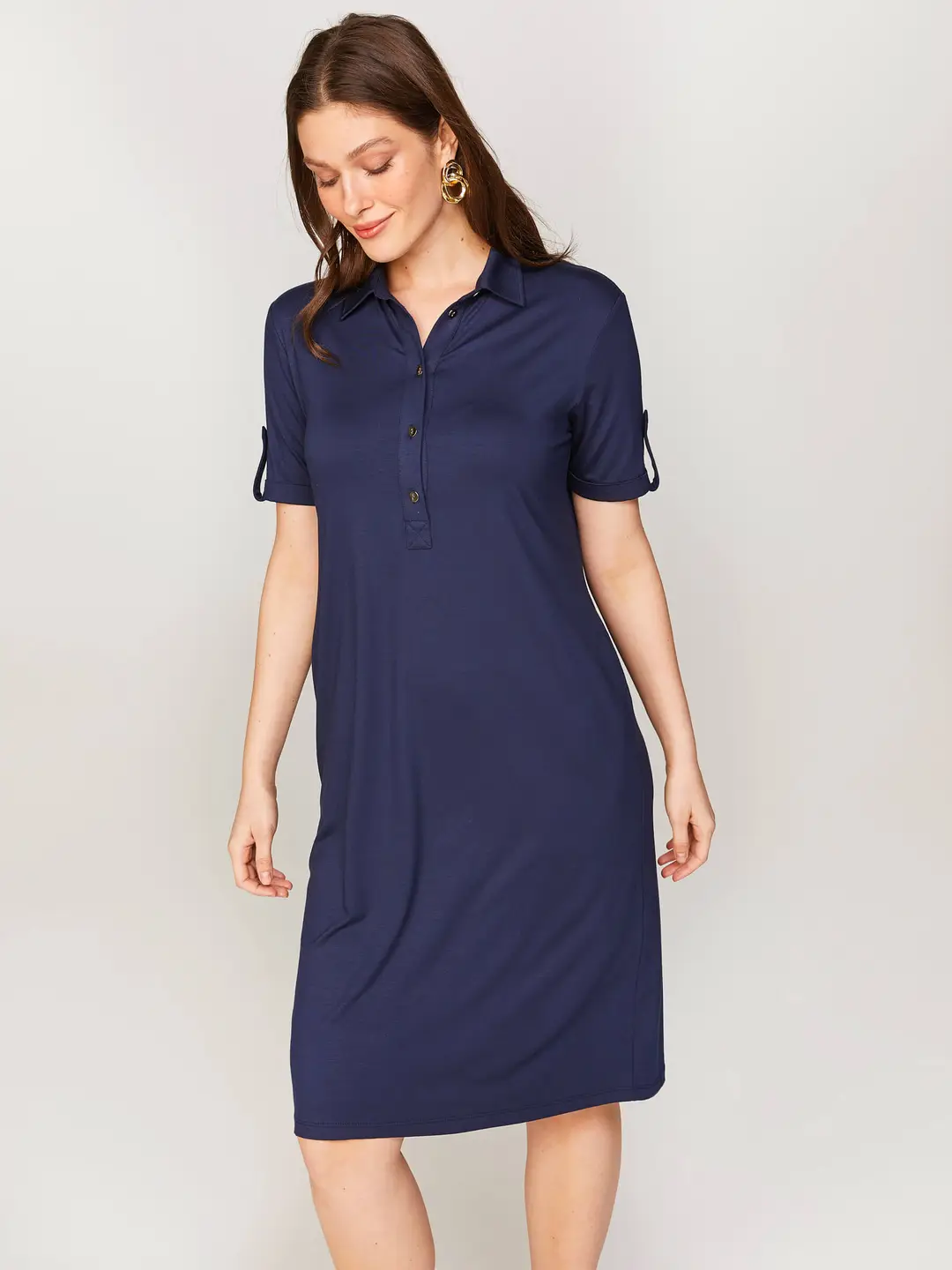 Faik Sönmez Minimalist Polo Yaka Kısa Kollu Midi Elbise - Günlük Şıklık Main image