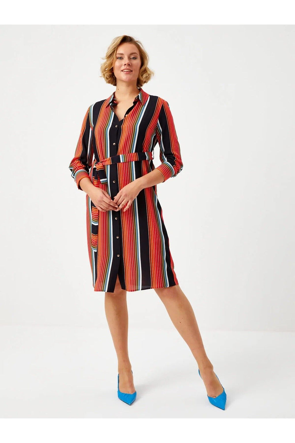 Faik Sönmez Midi Gömlek Elbise - Çizgili Desen - Minimalist Stil