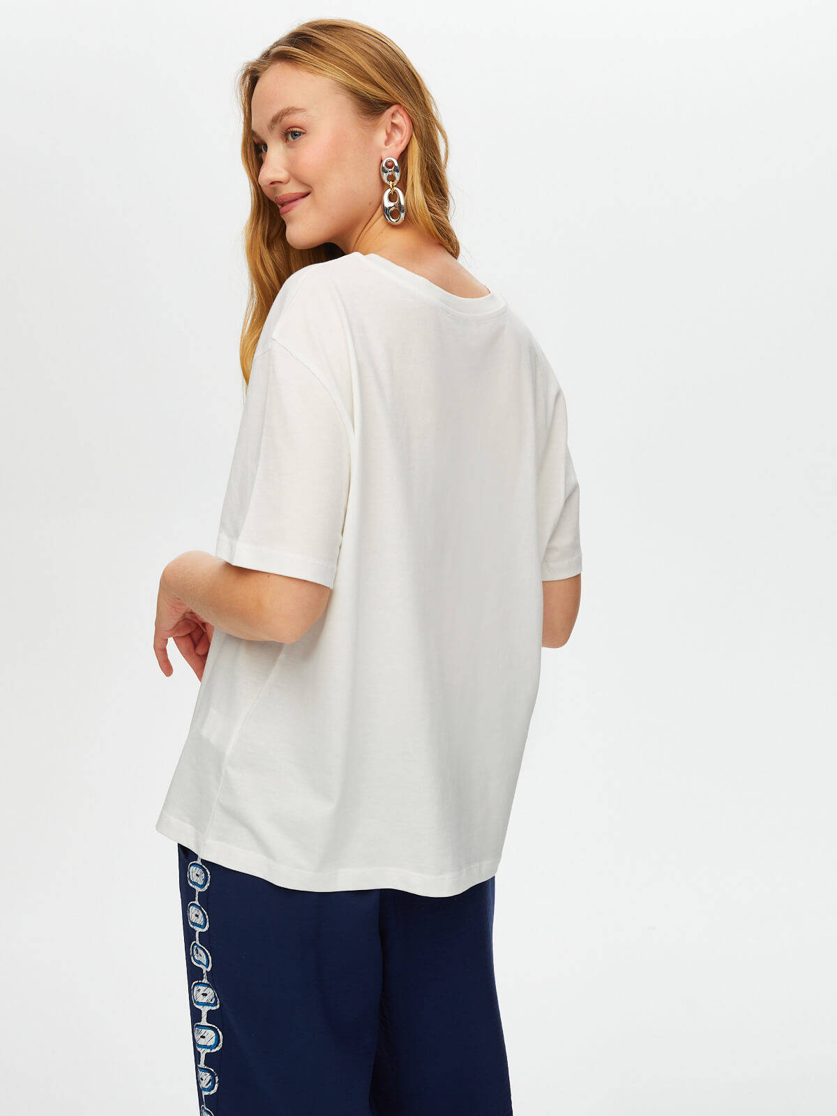 Faik Sönmez Kadın Önü Nazar Boncuğu Baskılı Yuvarlak Yaka Pamuklu T-Shirt