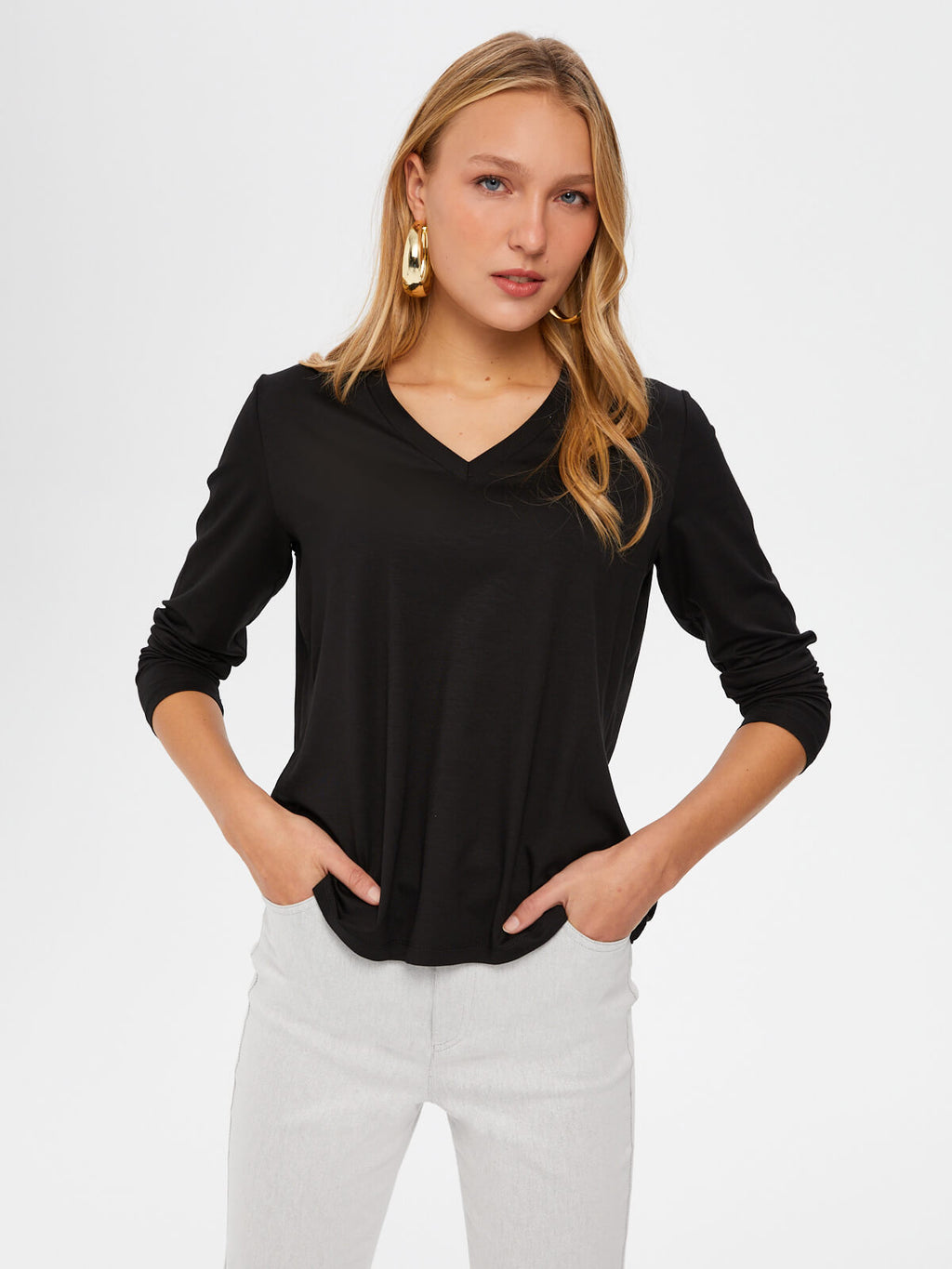 Faik Sönmez Kadın Oversize V Yaka Uzun Kol Minimalist T-Shirt