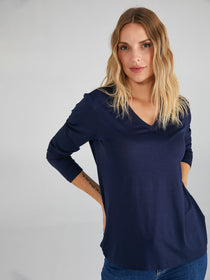 Faik Sönmez Kadın Oversize V Yaka Uzun Kol Minimalist T-Shirt
