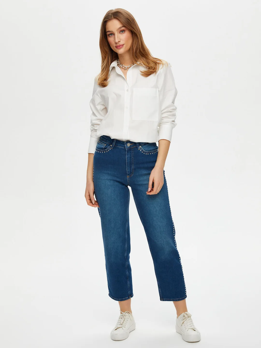 Faik Sönmez Minimalist Midi Jean Pantolon - Yüksek Bel - Taş Detaylı Main image