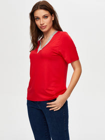 Faik Sönmez Kadın Regular Kalıp Viskon Kısa Kollu T-Shirt Zincir Şeritli V Yaka