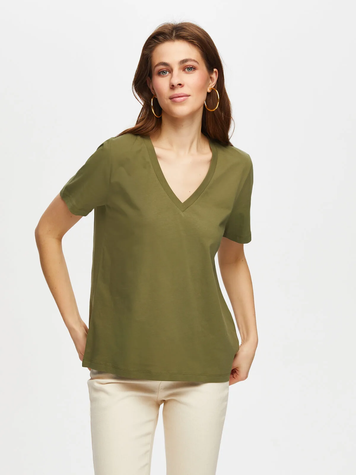 Faik Sönmez Oversize V Yaka Kısa Kol Kadın T-Shirt - Günlük Stil Secondary image
