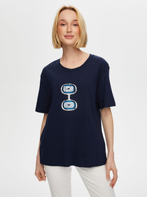 Faik Sönmez Kadın Önü Nazar Boncuğu Baskılı Yuvarlak Yaka Pamuklu T-Shirt