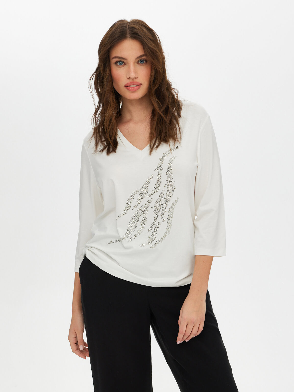 Faik Sönmez Kadın V Yaka 3/4 Kol Taş Detaylı Minimalist T-Shirt Secondary image