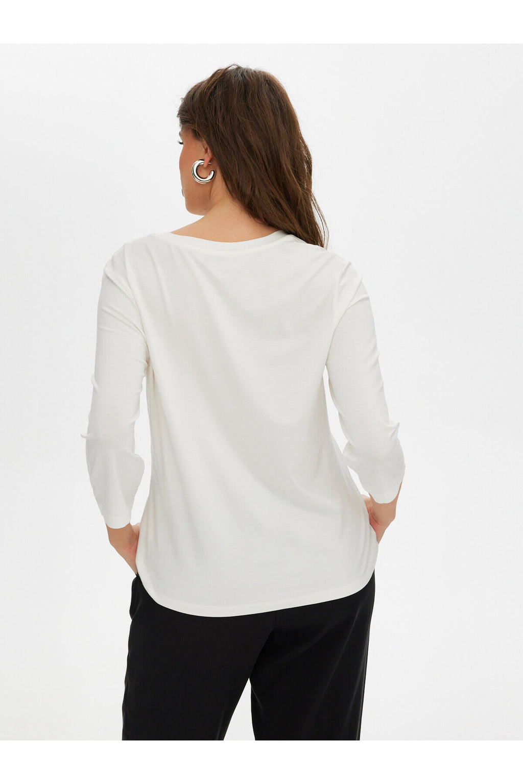 Faik Sönmez Kadın V Yaka 3/4 Kol Taş Detaylı Minimalist T-Shirt