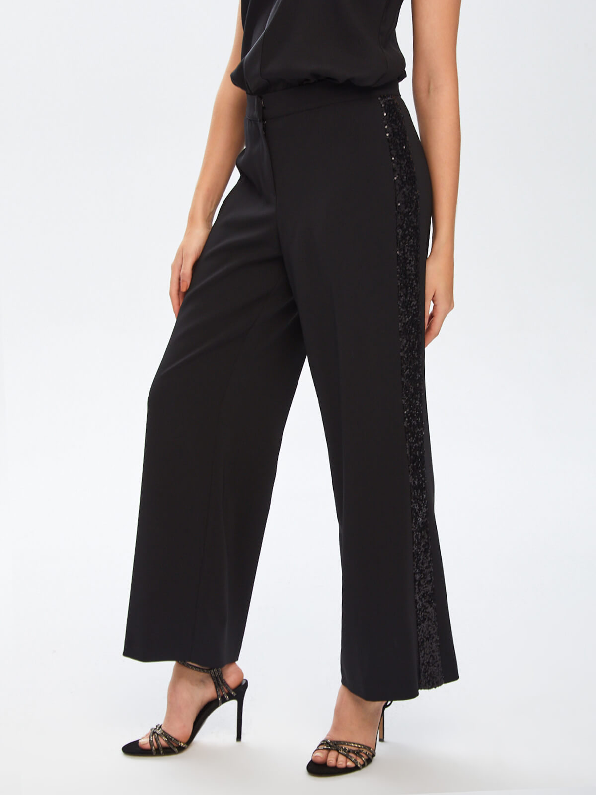 Faik Sönmez Minimalist Midi Kadın Pantolon - Pullu Detay, Geniş Paça