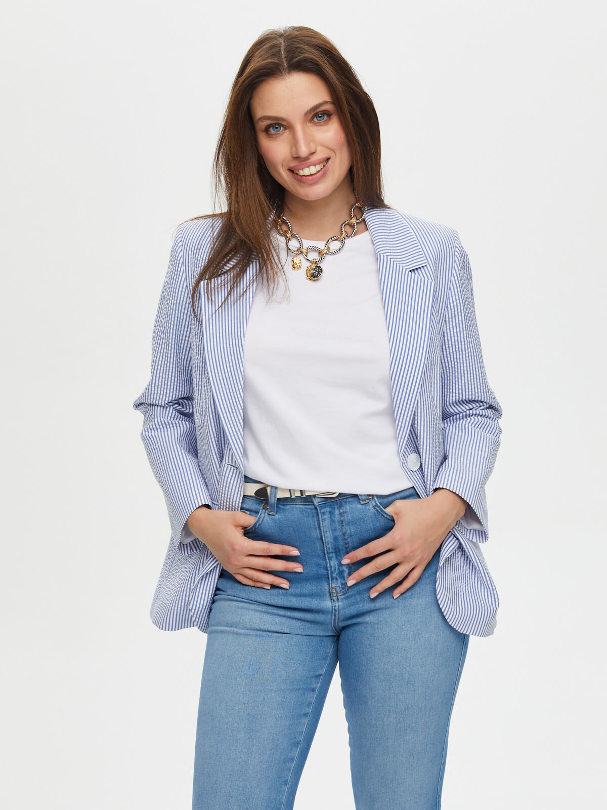 Faik Sönmez Oversize Çizgili Kadın Ceket - Minimalist Tarz Ana görsel