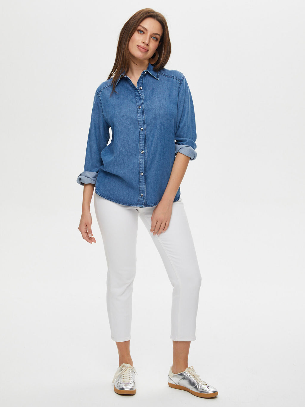 Faik Sönmez Oversize Denim Gömlek - Uzun Kol Minimalist Tarz Kadın