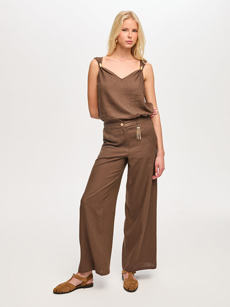 Faik Sönmez Wide Leg Fit Metal Aksesuarlı Keten Karışımlı Pantolon US26PNT034 Main image