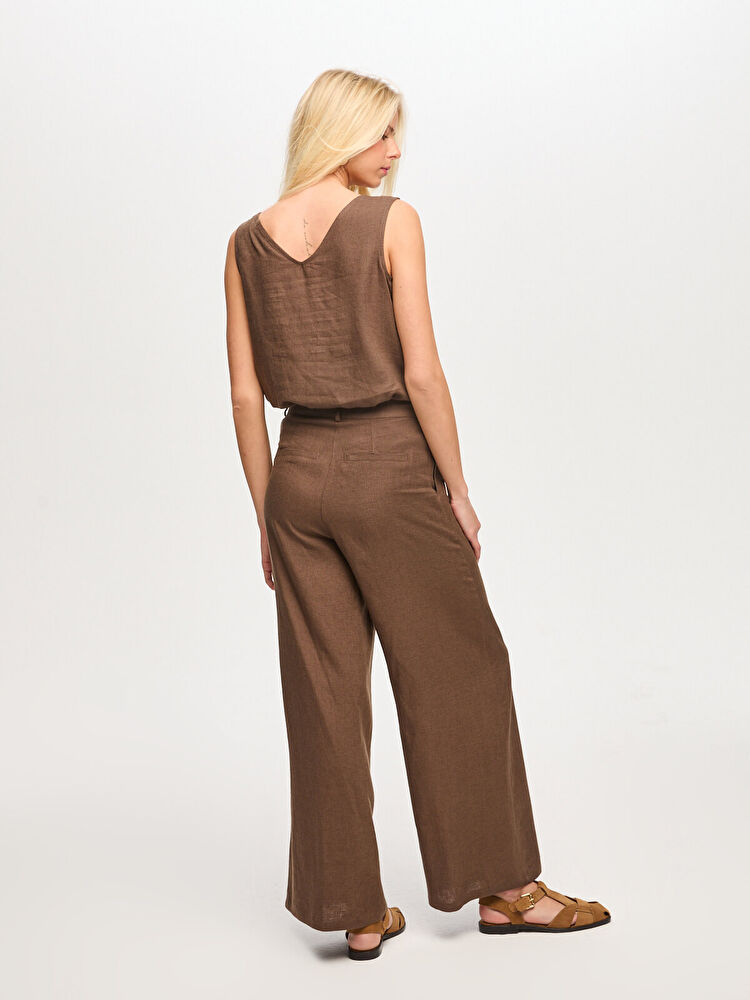 Faik Sönmez Wide Leg Fit Metal Aksesuarlı Keten Karışımlı Pantolon US26PNT034