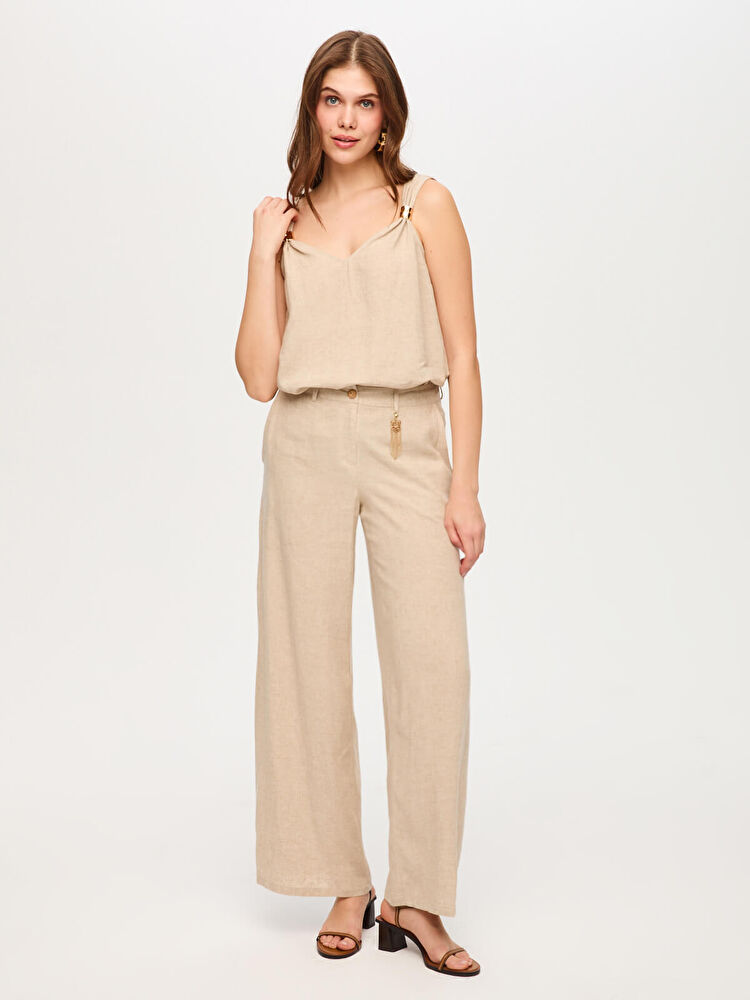 Faik Sönmez Wide Leg Fit Metal Aksesuarlı Keten Karışımlı Pantolon US26PNT034
