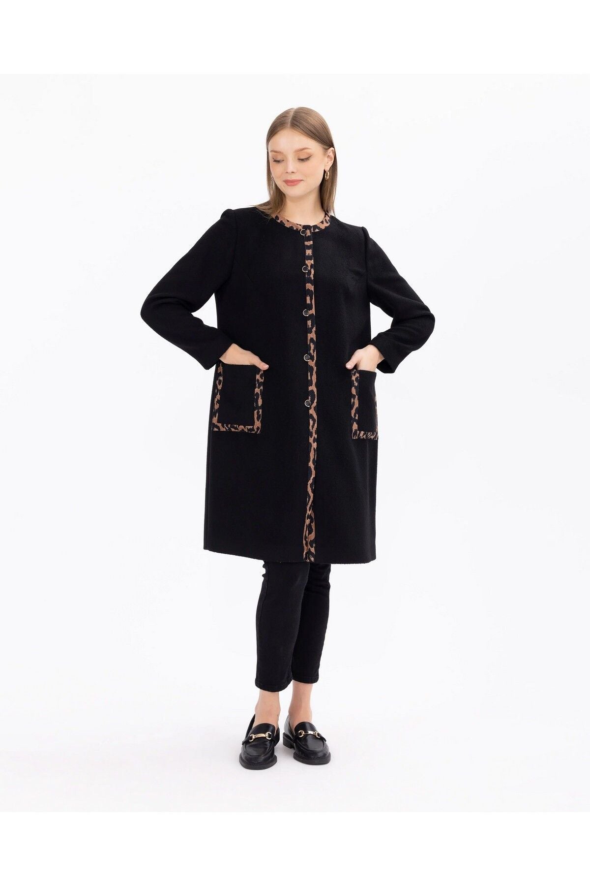 Gala-xi Minimalist Leopar Detaylı Uzun Kadın Kaban - Sonbahar Kış Main image