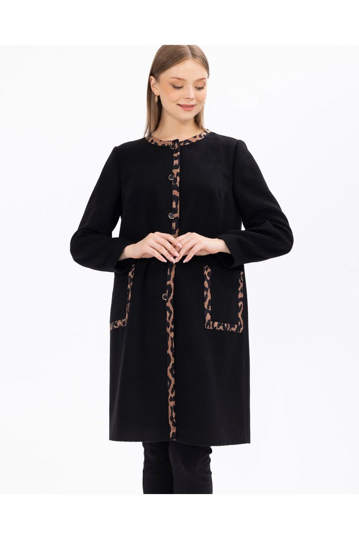 Gala-xi Minimalist Leopar Detaylı Uzun Kadın Kaban - Sonbahar Kış Secondary image