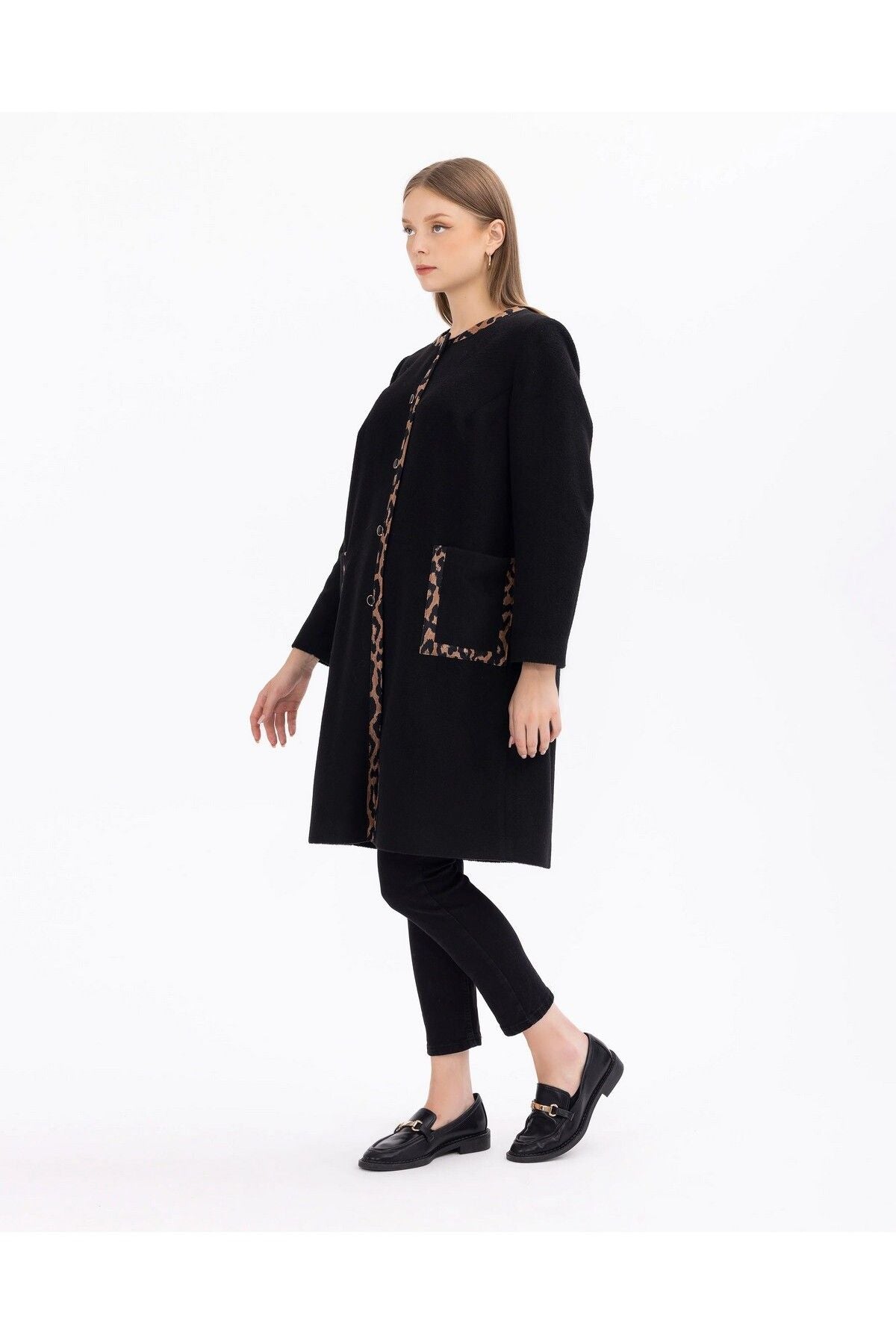 Gala-xi Minimalist Leopar Detaylı Uzun Kadın Kaban - Sonbahar Kış