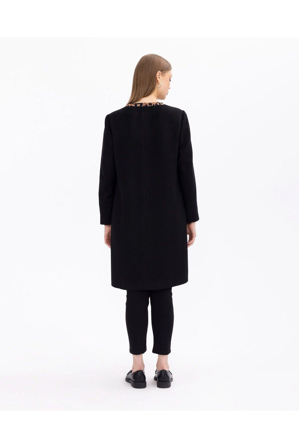Gala-xi Minimalist Leopar Detaylı Uzun Kadın Kaban - Sonbahar Kış