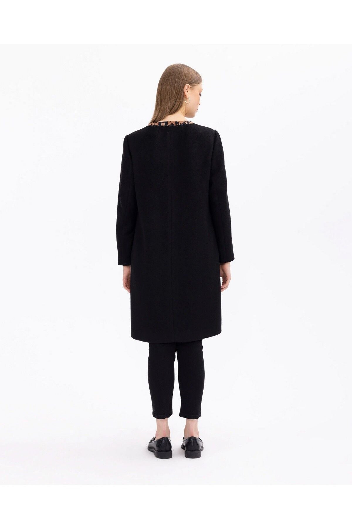 Gala-xi Minimalist Leopar Detaylı Uzun Kadın Kaban - Sonbahar Kış