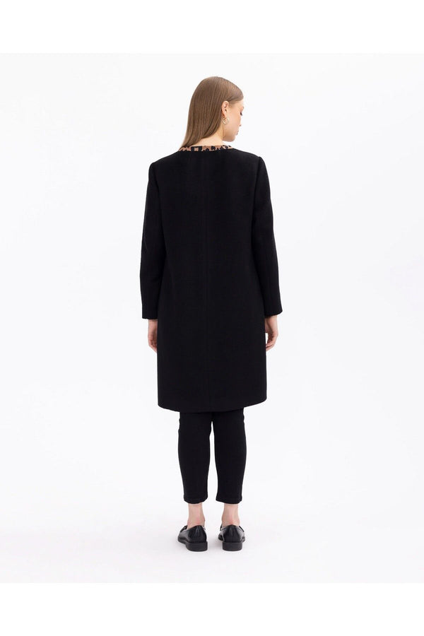 Gala-xi Minimalist Leopar Detaylı Uzun Kadın Kaban - Sonbahar Kış