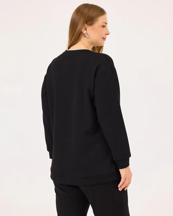Gala-xi Kadın  Büyük Beden Sıfır Yaka İşlemeli Sweatshirt 10002422314001