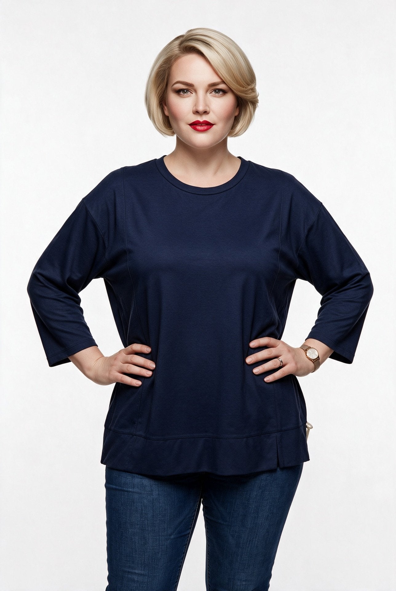 Gala-xi Kadın Bisiklet Yaka Üç Çeyrek Kol Rahat Kesim Pamuk Karışımlı Tunik Secondary image