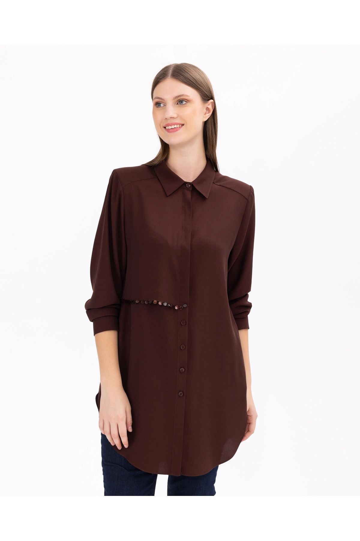 Gala-xi Minimalist Oversize Gömlek Yaka Midi Kadın Tunik - Günlük
