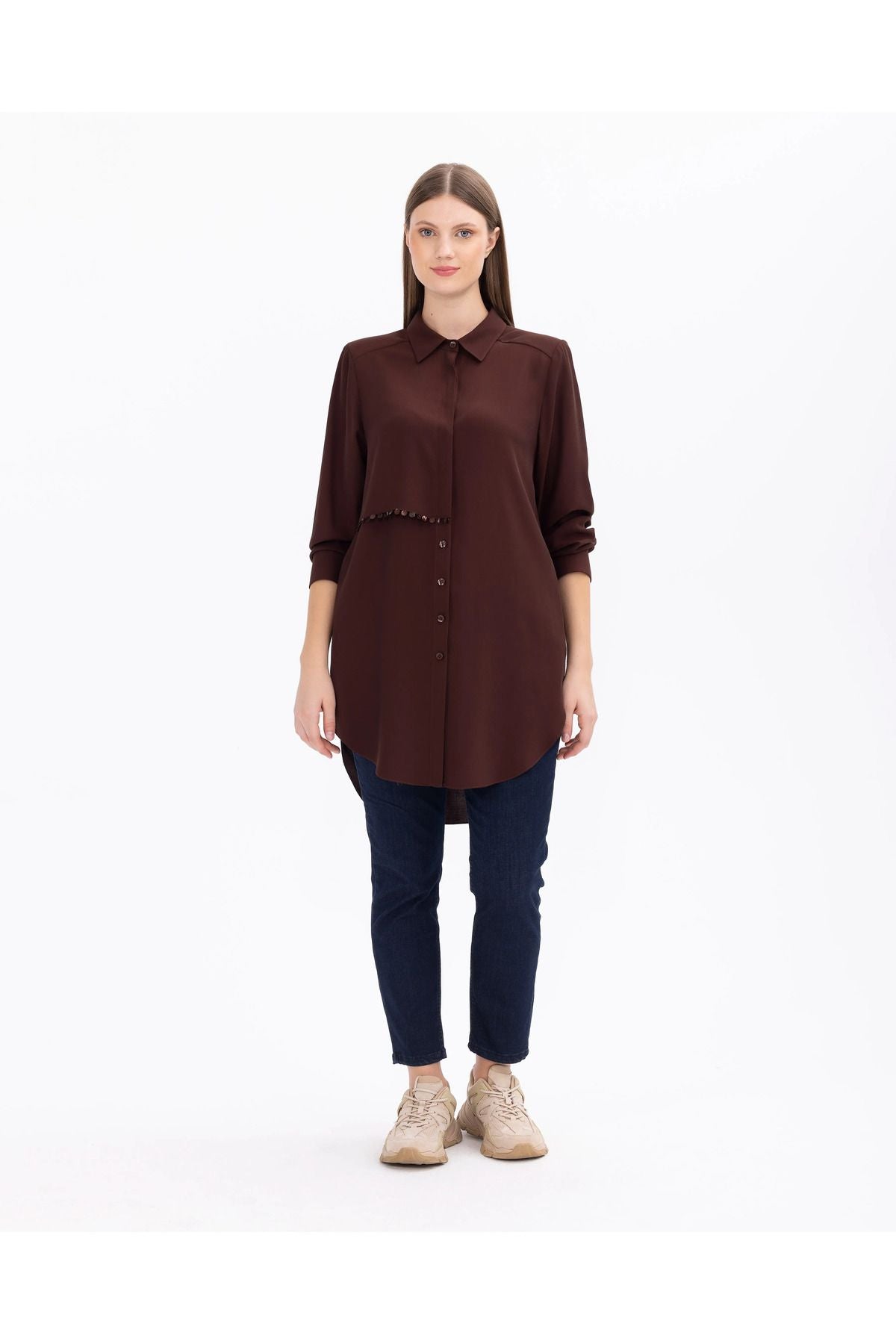 Gala-xi Minimalist Oversize Gömlek Yaka Midi Kadın Tunik - Günlük Secondary image