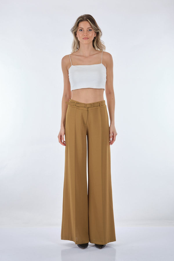 Garni Minimalist Geniş Paça Kadın Pantolon - Yüksek Bel - Trend