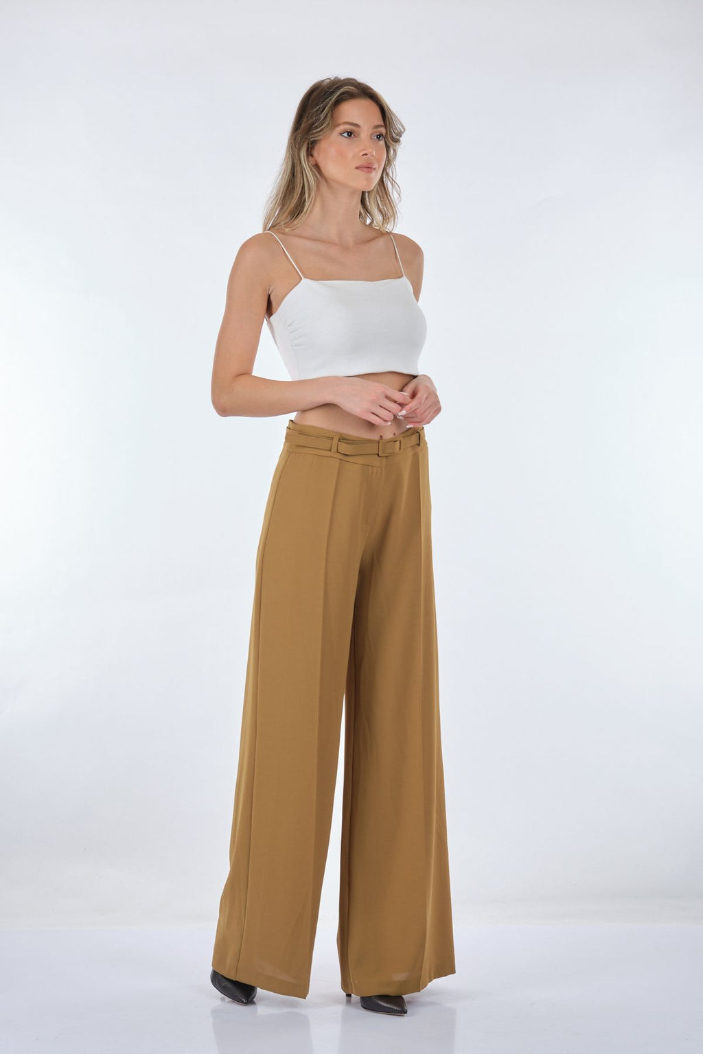Garni Minimalist Geniş Paça Kadın Pantolon - Yüksek Bel - Trend
