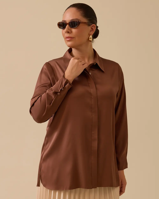 Plus Size Button-Down Satin Shirt Gala-Xi