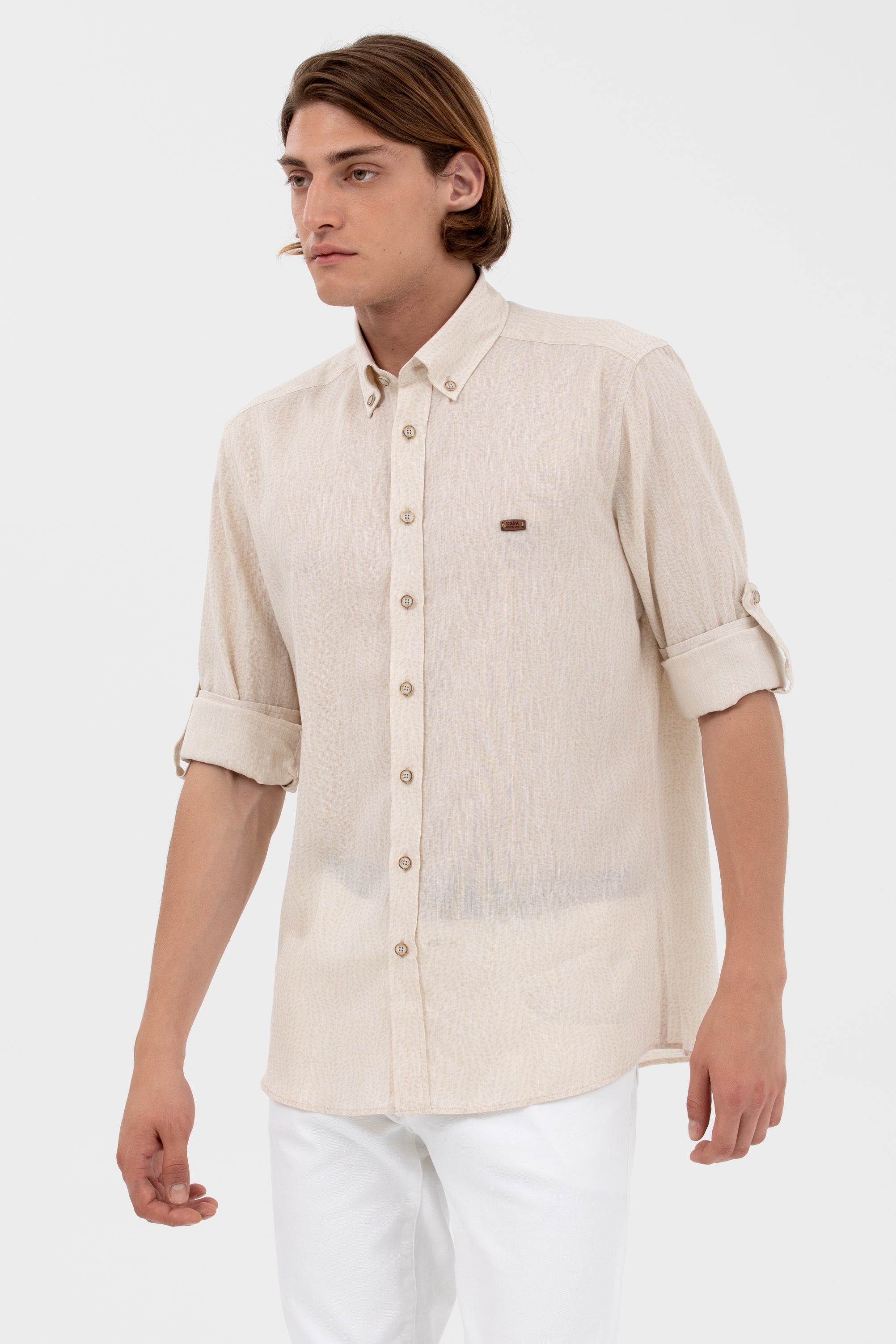 U.S. Polo Assn. Erkek Keten Gömlek - 3/4 Kol, Gömlek Yaka, Regular Fit