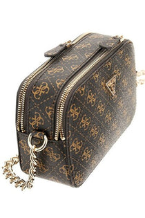 Guess Kadın Monogram Desenli Çapraz Askılı Omuz Çantası Fermuarlı Zincir Detaylı