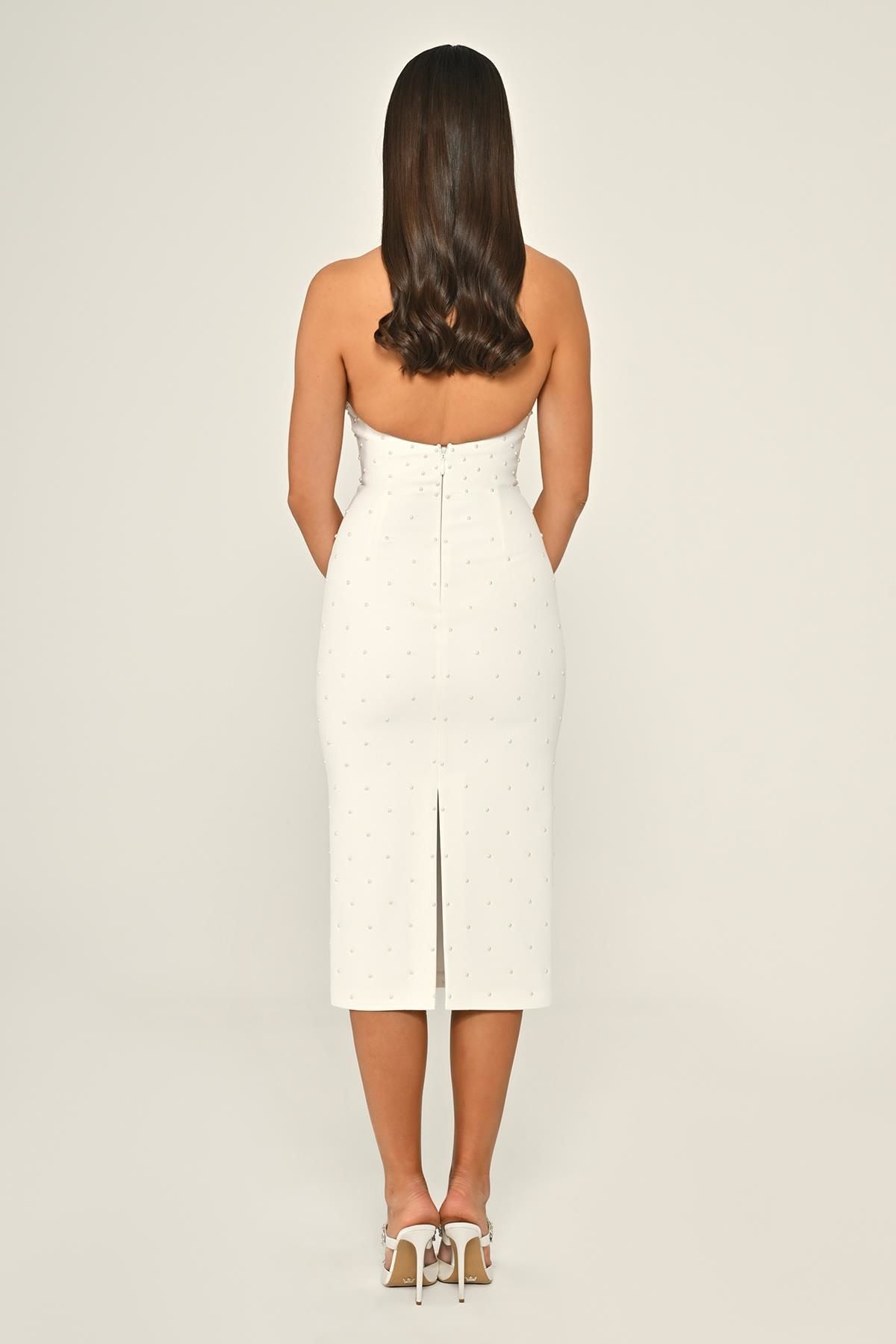 Halter Yaka Boncuklu Krep Midi Abiye Elbise Alfa Beta B7028 Main image