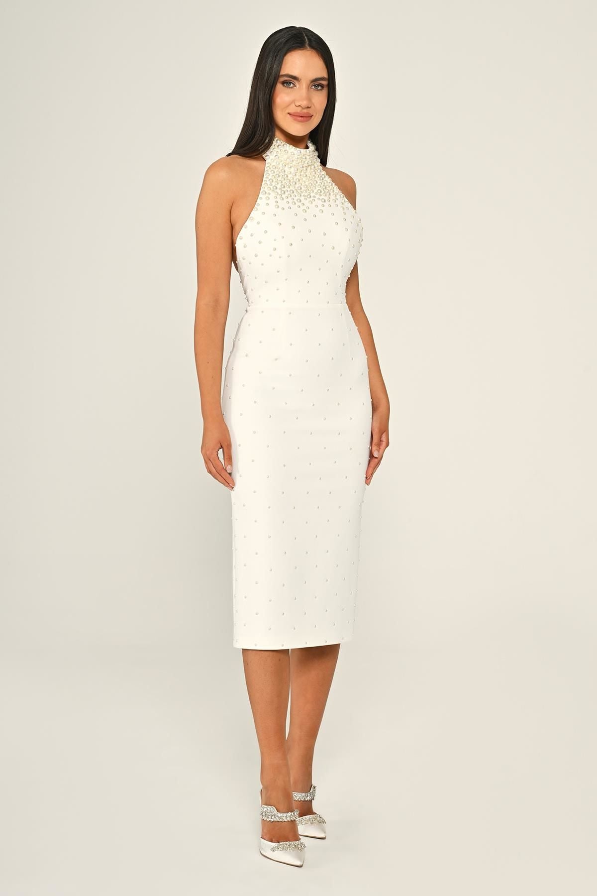 Halter Yaka Boncuklu Krep Midi Abiye Elbise Alfa Beta B7028 Secondary image