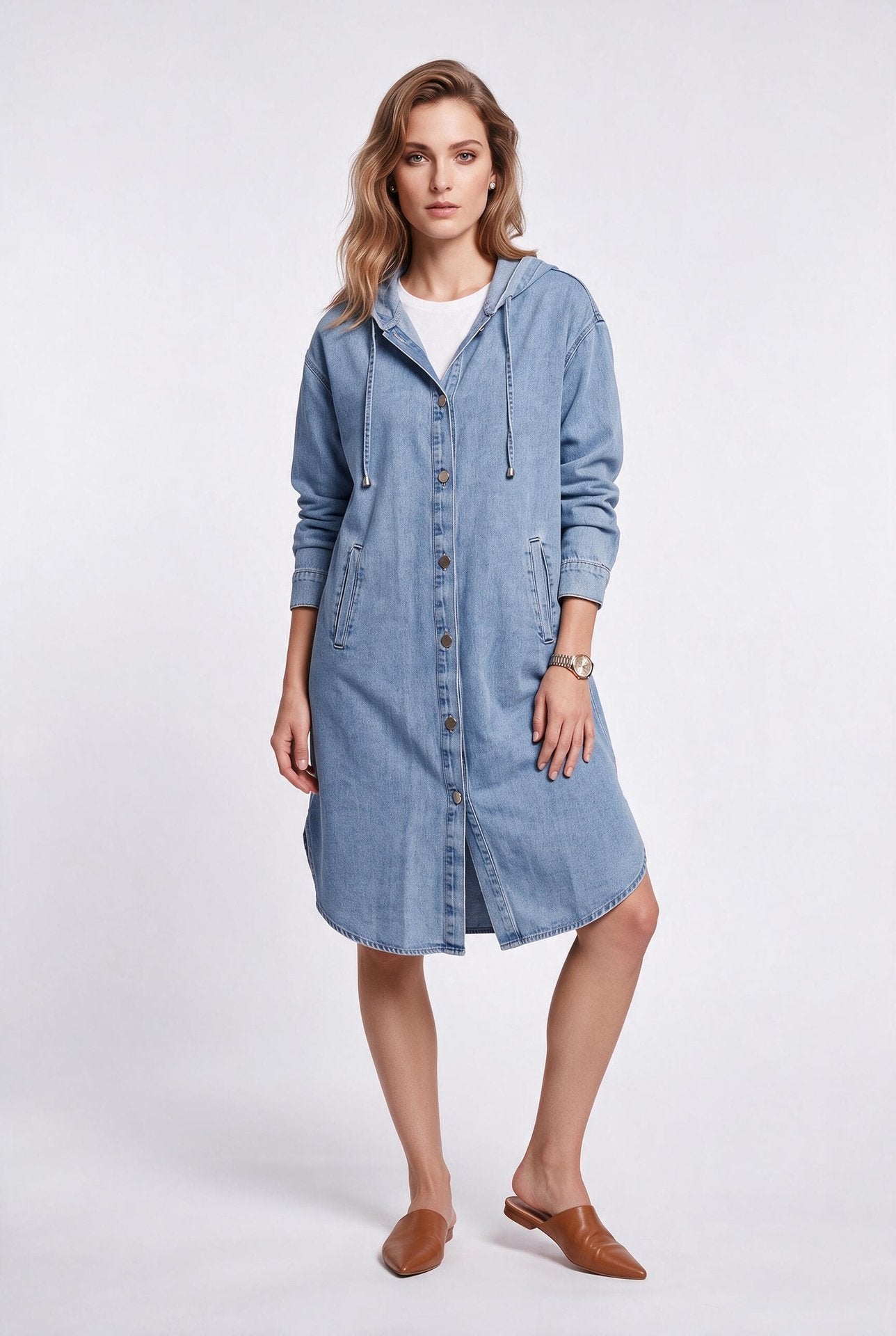 İKOLL Kadın Rahat Kesim Kapüşonlu Düğmeli Denim Kap Elbise Midi Boy