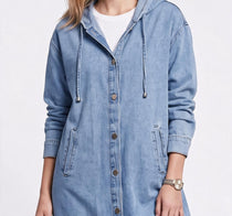 İKOLL Kadın Rahat Kesim Kapüşonlu Düğmeli Denim Kap Elbise Midi Boy