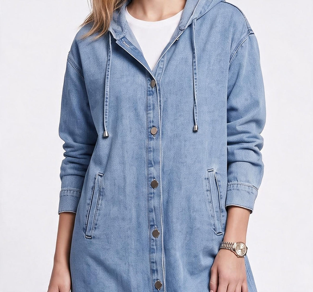 İKOLL Kadın Rahat Kesim Kapüşonlu Düğmeli Denim Kap Elbise Midi Boy