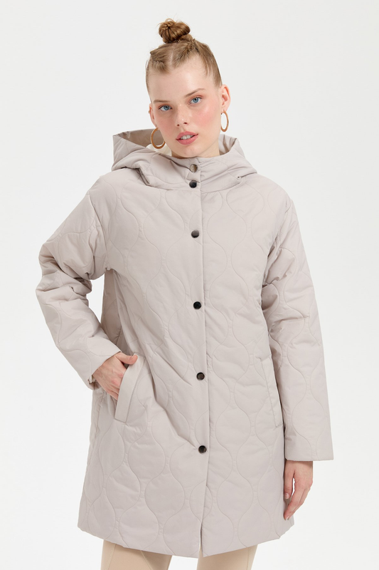 Women's Hooded Quilted Coat with Onion Pattern and Mid-Length Design
