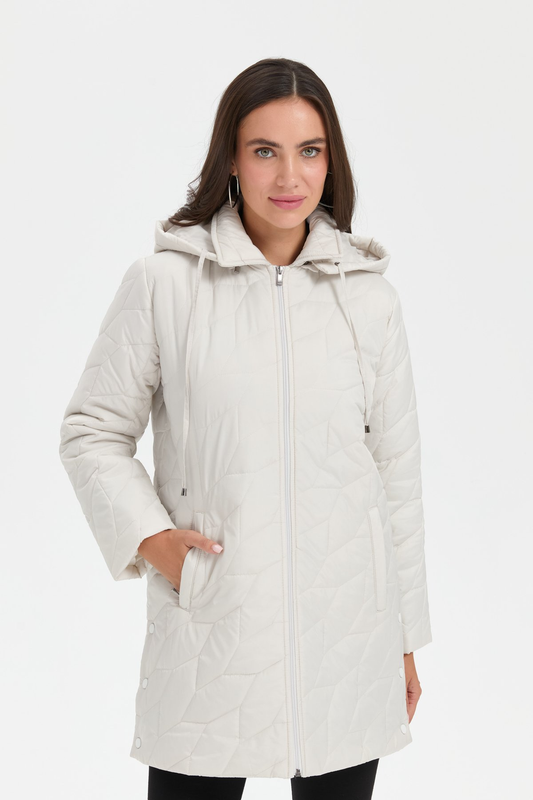 Women's Polo Collar, Side Snap Button, Leaf Pattern, Mid-Length Quilted Coat