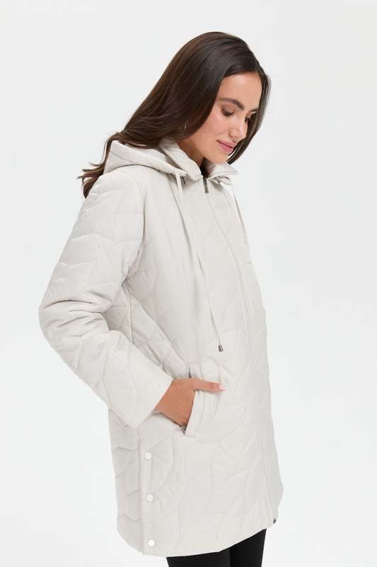 Women's Polo Collar, Side Snap Button, Leaf Pattern, Mid-Length Quilted Coat