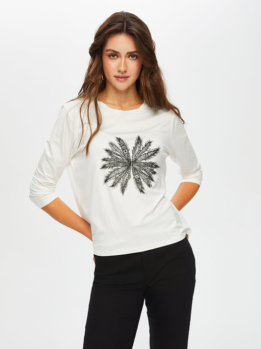 Women's Round Neck T-Shirt with Floral Lace Applique on the Front - Faik Sönmez