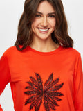 Women's Round Neck T-Shirt with Floral Lace Applique on the Front - Faik Sönmez