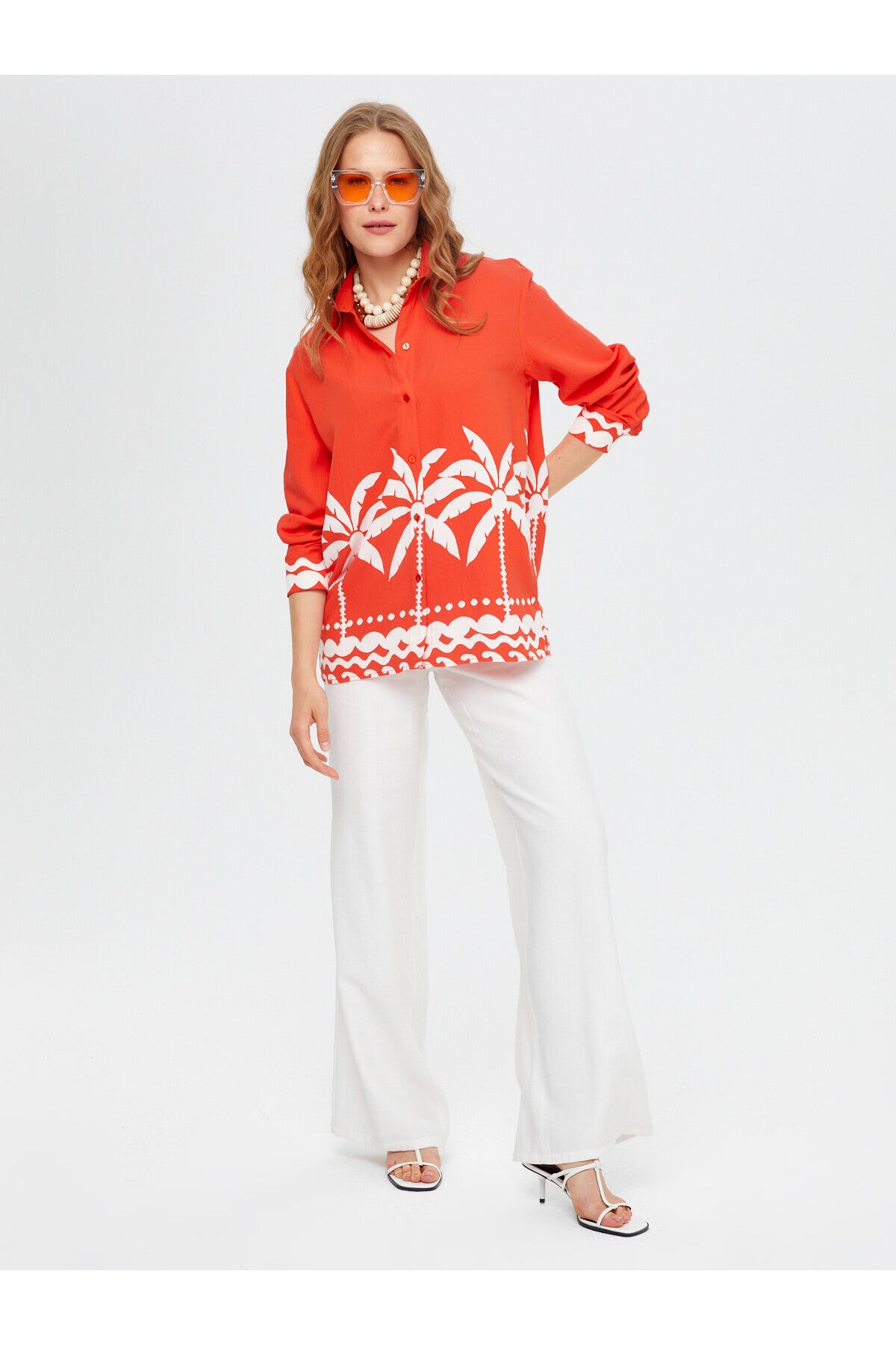 Kadın Resort Eteği Palmiye Desenli Monochrome Tunik Faik Sönmez