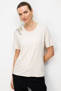 Kadın Sıfır Yaka Tek Omuzu Nakışlı Penye T-shirt DESEN