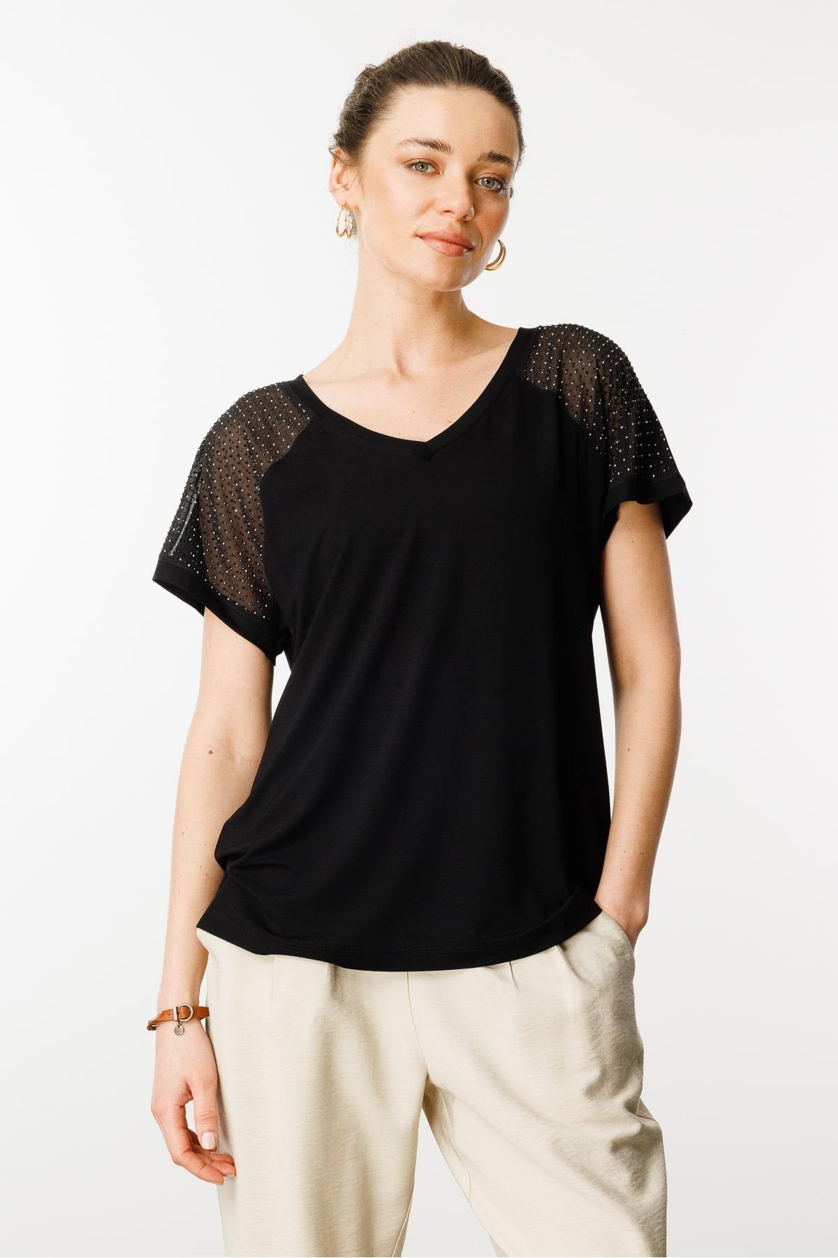 Kadın V Yaka Omuzları Taş Baskılı Penye T-shirt