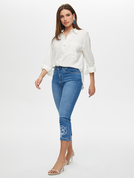 Slim Fit Jeans Capri with Tree Embroidery on Hem by Faik Sönmez