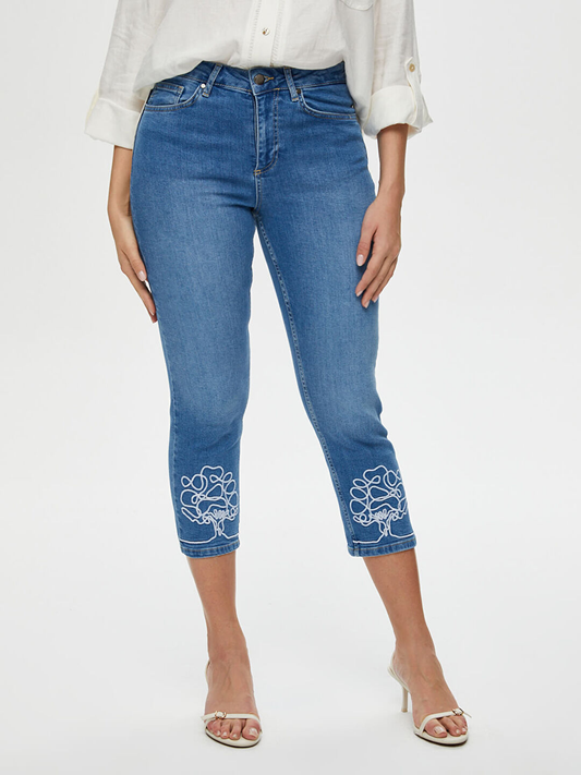 Slim Fit Jeans Capri with Tree Embroidery on Hem by Faik Sönmez