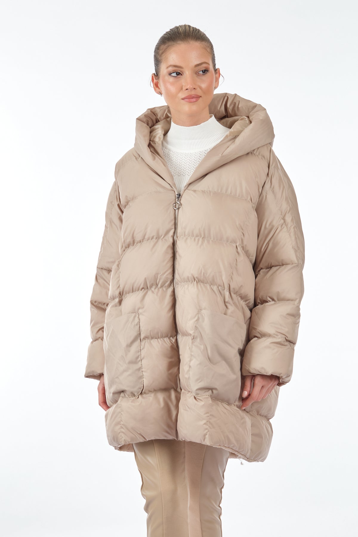 MONALURE Oversize Kapüşonlu Midi Şişme Mont - Kışlık Günlük