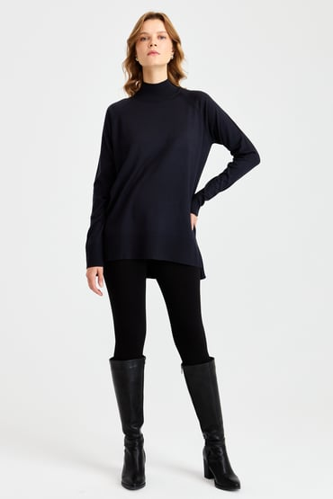 Women's Half Turtleneck Sweater with Side Slits Pattern