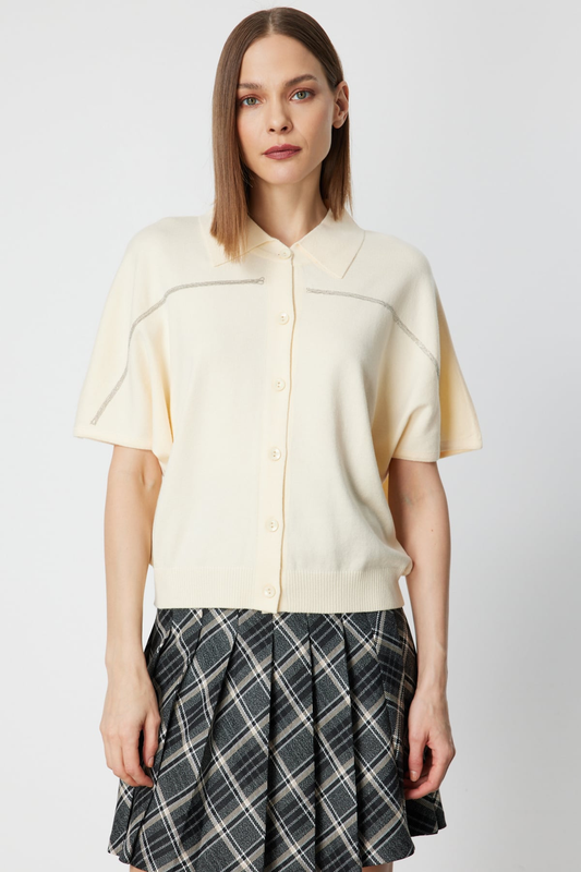 Ten Chain Embroidered Buttoned Knit Sweater